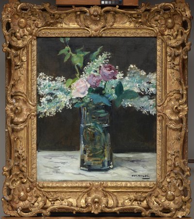 Vase med hvide syrener og roser af Édouard Manet