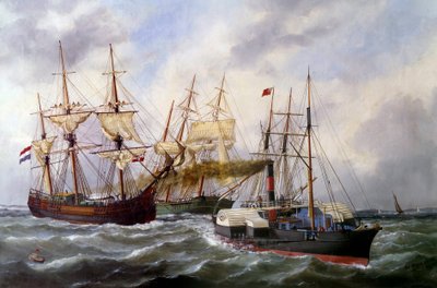 To trailere med tre måtter af Le Neptune au Havre i 1882 Maleri af Edouard Adam (1847-1929) 1882 Paris, Musee de la Marine af Edouard Marie Adam