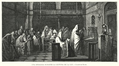 Synagoge under en Torahlæsning (litho) af Edouard Moyse