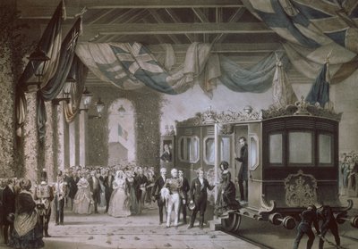 Dronning Victoria (1819-1901) og Prins Albert (1819-61) ankommer til Gosport Station, Hampshire, indgraveret af Bayot & Cuvilier, 1846 af Edouard Pingret