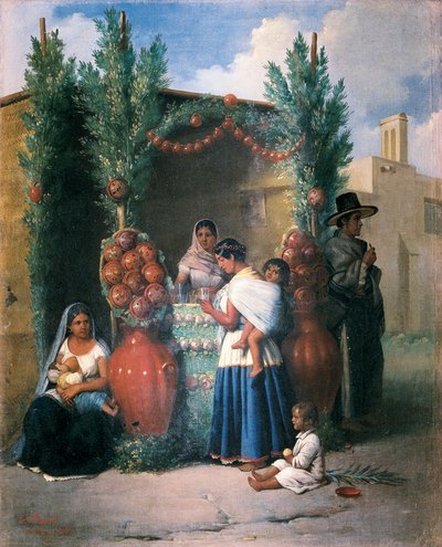 Scene nær en forfriskningsbar i en gade i Mexico: en kvinde ammer sit barn, en anden tager en drink og bærer sit barn på ryggen, et barn leger på jorden. Maleri af Edouard Pingret (1788-1875), midten af ​​det 19. århundrede. Mexico City. Nationalbank af Edouard Pingret