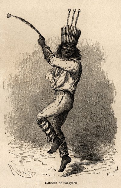 En danser i Sarayacu (Peru), tegning af Riou, for at illustrere Paul Marcoys rejse fra Stillehavet til Atlanterhavet fra 1848 til 1860. Indgravering i "" Le tour du monde"", redigeret af Edouard Charton af Edouard Riou