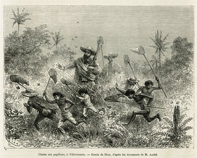 En flok børn jagede efter sommerfugle, ledsaget af forfatteren, en Villavicensio (Colombia), tegning af Riou, for at illustrere historien om Equinoxiale America (Colombia, Ecuador, Peru), i 1875-1876, af Ed. andre, rejsende med ansvar for mission af F af Edouard Riou