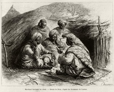 En købmand, der fascinerer en kunde, sidder på gulvet, på en lille måtte, han laver artiklen ved at holde en vægt. Gravering af Riou, for at illustrere historien ""Fra Niger til Guineabugten"", af kaptajn Louis Gustave Binger (1856-1936), i 1887-1889, i af Edouard Riou