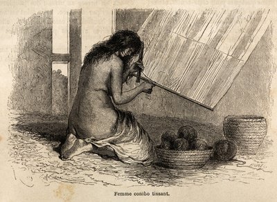 En indisk Conibo fra Peru vævning, tegning af Riou for at illustrere rejsen, fra 1848 til 1860, af P. Marcoy, fra Stillehavet til Atlanterhavet. Indgravering i "" Le tour du monde"", redigeret af Edouard Charton af Edouard Riou