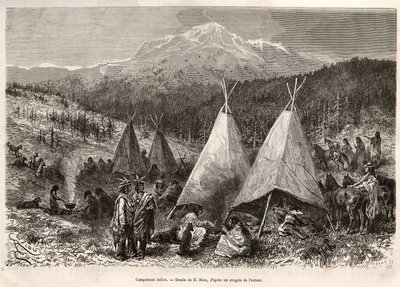 En indisk lejr på Utahs territorium ved bredden af Riviere Verte. Gravering efter tegningen af E.Riou, for at illustrere historien La conquete blanche, af William Hepworth Dixon, i 1875, udgivet i "" Le tour du monde""" 1876, redigeret af Edouard Charto af Edouard Riou