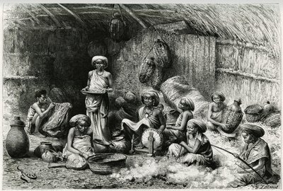 En eftermiddag hos Sheik of the Gobrons favorit, kvindeaktiviteter: broderi og spinding af uld, kurvefletning og keramik. Gravering af Riou, for at illustrere historien "" Voyage chez les Benadir, les somalis et les Bayoun"", i 1882-1883, af Georges Rev. af Edouard Riou