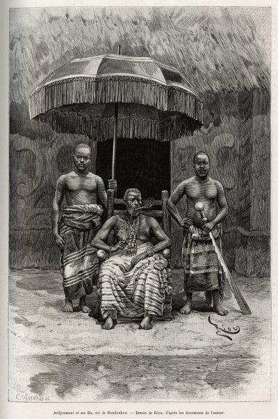 Ardjoumani (død 1892) og hans sønner, konge af Bondoukou (Elfenbenskysten). Gravering af Riou, for at illustrere historien "" Fra Niger til Guineabugten"" af kaptajn Louis Gustave Binger (1856-1936), i 1887-1889, i Le tour du monde, nouveau journal des voy af Edouard Riou