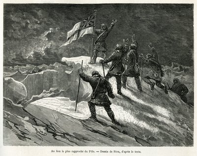 Kaptajn George Strong Nares (1831-1915) plantede det britiske flag på stedet nærmest stangen, tegnet af Riou, for at illustrere historien om en rejse til polarhavet i 1875-1876 af kaptajn G.S.Nares. Indgravering i Le tour du monde af Edouard Riou