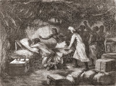 Death of Dr. Livingstone in the village of Tchitammbo, Africa, in 1873, illustration from "The World in the Hands", published 1878dani af Edouard Riou