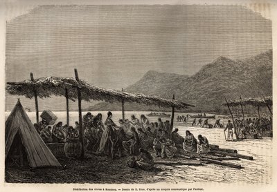 Uddeling af mad i Keauhou, efter jordskælvet og vulkanudbruddet i 1868, til ofrene for katastrofen, gravering efter tegningen af E.Riou, der illustrerer rejsen til Sandwichøerne, i 1855-1869, af C. de Varigny, udgivet i "" Le af Edouard Riou