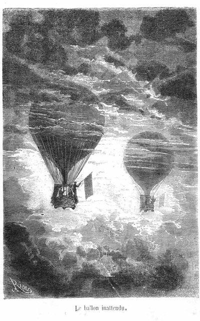 Tegning af Jules Vernes bog "Five weeks en Ballon"-samlingen Hetzel/Extraordinary Travels. Victoriaballonen møder en anden ballon i skyerne af Edouard Riou