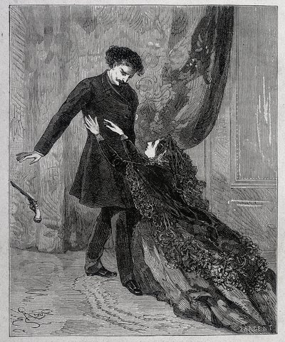 Edmond Dantes et Mercedes - Indgravering af Riou, i "" Greven af Monte Cristo"" (Monte-Cristo) af Alexandre Dumas pere (1802-1870), red. Jules Rouff & Cie af Edouard Riou