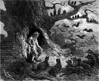 Illustration for Alexandre Dumas "s novel" Le leader de loups ": Thibault seemed to be the center of an infernal circle, 19th centurydani af Edouard Riou