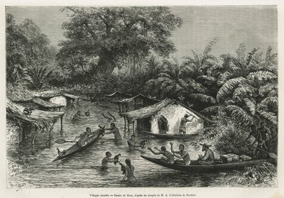 Inondes-landsbyer, tegnet af Riou, for at illustrere historien om en tur til Gabon og Ogoue-floden i 1875-1877, af Alfred Marche. Indgravering i Le tour du monde af Edouard Riou