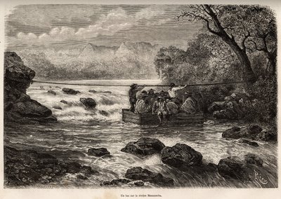 La traversee par le bac de la Riviere Mesacancha (Bas Peru), gravering af E.Riou, der illustrerer rejsen i bjergene, Huarancalqui-dalen og Pjonal-regionerne, fra 1862 til 1863, af Paul Marcoy, udgivet i "" Le tour du monde”” 1875 af Edouard Riou