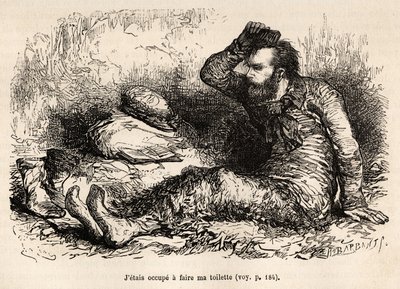 Løjtnant Tyson indtog sit morgentoilet, en kam før han tog sine støvler på, ætset efter en tegning af E.Riou, der illustrerer historien om Polaris, isflåde, af løjtnant Tyson, i 1870-1873, udgivet i "" Le tour du monde””” 1875, redigeret af Edou af Edouard Riou