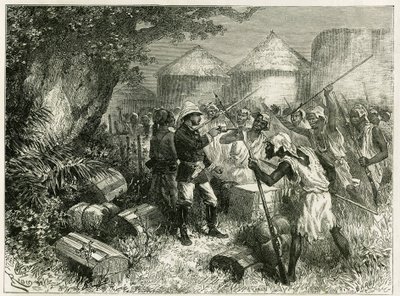 Løjtnant Valliere forsvarer sig mod indbyggerne i Sibi (eller Siby), en Mandingo-landsby i Upper Niger (nutidig Mali), hvis indbyggere blev meget forstyrret af ankomsten af efterforskningens løsrivelse. Gravering af Riou, baseret på en skitse af af Edouard Riou
