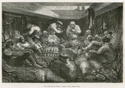 Fortabt og udmattet af træthed bliver ekspeditionens besætning samlet af det russiske fiskefartøj, Nicholas, og afslutter rejsen i skibets lastrum, stabler blandt lasten af fisk og jagttrofæer (hjortetræ, isbjørneskind). Gravering efter af Edouard Riou