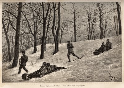 Luges et skaters au plateau du Mont-Royal, nær Montreal, gravering efter en tegning af Riou, der illustrerer udflugten til Canada og Riviere Rouge du nord, af H. De Lamotte, i 1873, udgivet i "" Le tour du monde" ”” 1875, redigeret af Edouard Charton, af Edouard Riou