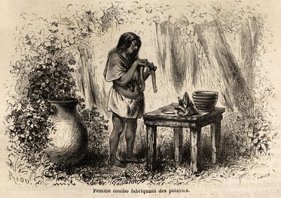 Fremstilling af keramik af en Conibo-indianer fra Peru, tegning af Riou til illustration af P. Marcoys rejse fra 1848 til 1860, fra Stillehavet til Atlanterhavet. Indgravering i "" Le tour du monde"", redigeret af Edouard Charton af Edouard Riou