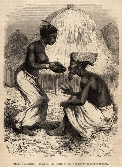 Matipa, en indfødt mand, der leverede kanoer til Livingstones hold, blev serveret drikkende af sin kone, graveret efter en tegning af Riou, der illustrerer David Livingstones sidste dagbog (1813-1873), i 1866-1873, udgivet i "" Le tour du monde ”” 1875, re af Edouard Riou