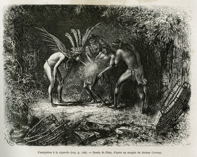 Medicinsk røgning med cigaretter i Roucouyan-indianerne. Gravering af Riou, for at illustrere historien om Cayenne aux Andes, af Jules Crevaux, læge for den franske flåde, i 1878-1879, udgivet i Tour du monde under ledelse af Edouard Charton af Edouard Riou