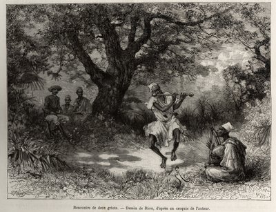 Mød to griots, Kaptajn Binger, der sidder i skyggen, nyder showet. Gravering af Riou, for at illustrere historien "" Fra Niger til Guineabugten"" af kaptajn Louis Gustave Binger (1856-1936), i 1887-1889, i Le tour du monde, nouveau journal des voy af Edouard Riou
