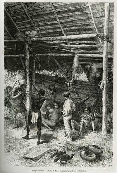 Morgenangreb på opdagelsesrejsendes hytte af indianere fra Amazonas bredder. Gravering af Riou, for at illustrere historien om Cayenne aux Andes, af Jules Crevaux, læge for den franske flåde, i 1878-1879, udgivet i Tour du monde, under ledelse af af Edouard Riou