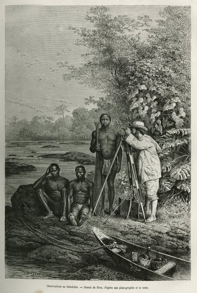 Observation ved theodolite, Dr. Crevaux med sine måleinstrumenter og sit hold af guider og portører, i fuld arbejdsgang, gravering efter en tegning af Riou, for at illustrere historien De Cayenne aux Andes, af Jules Crevaux, læge i den franske flåde, i af Edouard Riou