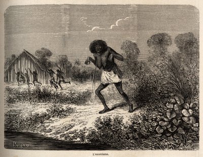 Panik blandt Conibos-indianerne, som flygtede ved ankomsten af Paul Marcoys ekspedition nær Tumbaya (Peru), som selv var offer for en ond besværgelse af en gammel indianer, tegnet af Riou for at illustrere rejsen fra 1848 til 1860 af P. Marcoy, fra th af Edouard Riou