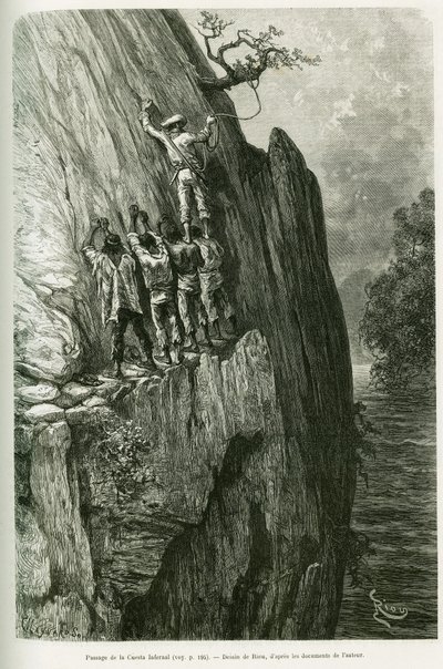 Passage af Infernalskrænten. Gravering af Riou, for at illustrere historien Journey in the Pilcomayo Delta og fra Buenos Aires til Sucre af Edouard Riou