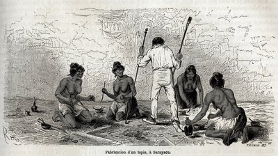Paul Marcoy lærte at lave et tæppe med enkerne fra Sarayacu (Peru), tegning af Riou, for at illustrere Paul Marcoys rejse fra Stillehavet til Atlanterhavet fra 1848 til 1860. Indgravering i "" Le tour du monde"", redigeret af Edouard Charton af Edouard Riou
