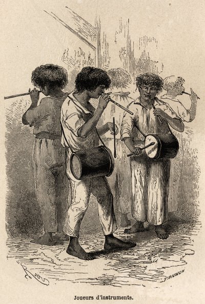 Spillere af musikinstrumenter i Sarayacu (Peru), tegning af Riou, for at illustrere Paul Marcoys rejse fra Stillehavet til Atlanterhavet fra 1848 til 1860. Gravering i “” Le Tour du Monde ””, redigeret af Edouard Charton af Edouard Riou