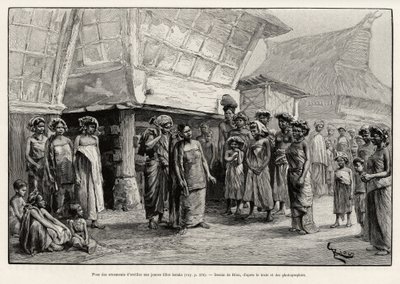 Spiller ørepynt til Batak-piger, etnisk gruppe i det nordlige Sumatra. Gravering af Riou for at illustrere historien "et år i Malaysia" af Jules Claine (1856-1939) af Edouard Riou