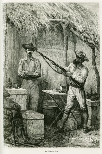 Portræt af forfatteren Victor Giraud, en skibsfænrik og hans rejsende, Montagu Kerr, en jæger. Gravering af Riou, for at illustrere historien Les lacs de l