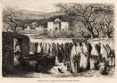 Procession til Marabout de Tlemcen (grav med en kuppel af en islamisk mand), indgraveret efter en tegning af E.Riou, der illustrerer rejsen til Tlemcen (Algeriet), af E. de Lorral, i 1875, udgivet i "" Le tour du monde””” 1875, redigeret af Edouard Char af Edouard Riou