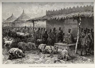 Modtagelse på naba Sanem, fra Mossi-kongeriget (eller Mosse) i Waghadougou (Ouagadougou, Burkina Faso). Gravering af Riou, for at illustrere historien "" Fra Niger til Guineabugten"" af kaptajn Louis Gustave Binger (1856-1936), i 1887-1889, i Le tou af Edouard Riou
