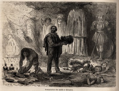 Restaurering af helgenstatuer i Sarayacu (Peru), tegning af Riou, for at illustrere Paul Marcoys rejse fra Stillehavet til Atlanterhavet fra 1848 til 1860. Indgravering i "" Le tour du monde"", redigeret af Edouard Charton af Edouard Riou