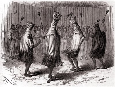 Rituel dans af Ticuna-indianerne i Peru iført forklædninger og masker af Edouard Riou