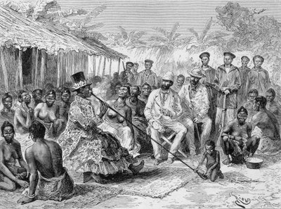 Savorgnan de Brazza palaver med Renoké, landsbyleder i Vestafrika - i ""Tour du Monde"", 2. uge 1887 af Edouard Riou