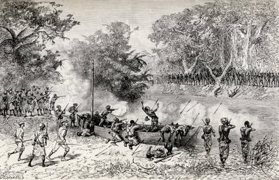 Sir Henry Morton Stanleys Emin Pasha Relief Expedition bliver angrebet af Avisibba kannibaler ved hjælp af forgiftede pile, 1890 (trægravering) af Edouard Riou