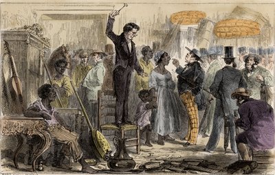 Slavemarked i Rio de Janeiro, Brasilien - Et slavesalg i Rio de Janeiro, tegning af Riou af Edouard Riou