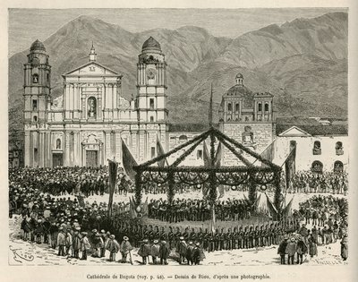 Katedralen i Bogotá på Bolivar Square (Colombia) under den årlige fejring af uafhængigheden (18. december) blev der til denne lejlighed oprettet en efemere kiosk til at huse bandorkestret, tegnet af E.Riou, for at illustrere rejsen til jævndøgn af Edouard Riou