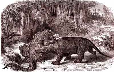 Iguanodonen og megalosaurussen (kobberstik) af Edouard Riou