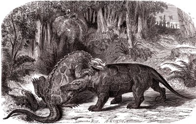 Iguanodon og Megalosaurus af Edouard Riou