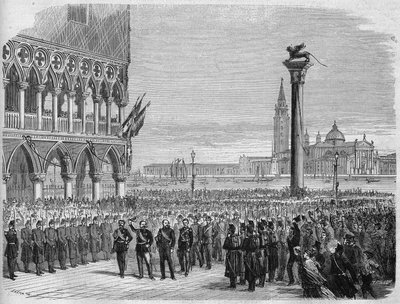 Kongen af Italien Victor Emmanuel II (Victor Emmanuel) (Vittorio Emanuele) i Venedig på Markuspladsen. Efter østrigernes nederlag ved Sadowa blev Venezia genvundet til Kongeriget Italien i 1866. Indgravering efter en tegning af Crepon og Riou. I " af Edouard Riou