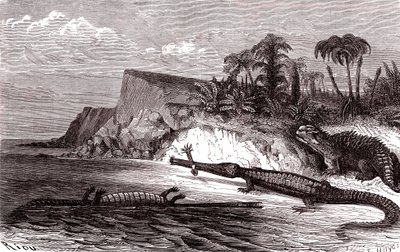 Teleosaurus og Hyleosaurus af Edouard Riou