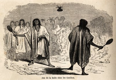Boldspillet, blandt de indiske koniboer i Peru, tegnet af Riou for at illustrere rejsen fra 1848 til 1860 af P. Marcoy, fra Stillehavet til Atlanterhavet. Indgravering i "" Le tour du monde"", redigeret af Edouard Charton af Edouard Riou
