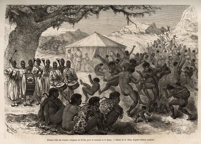 Ekspeditionens band tiltrækker kvinder og børn i landsbyen Fatiko (Den Centralafrikanske Republik) og fremkalder et lidenskabeligt tab af dans, indgraveret efter en tegning af E.Riou, der illustrerer en ekspedition i Centralafrika, til undertrykkelse af af Edouard Riou